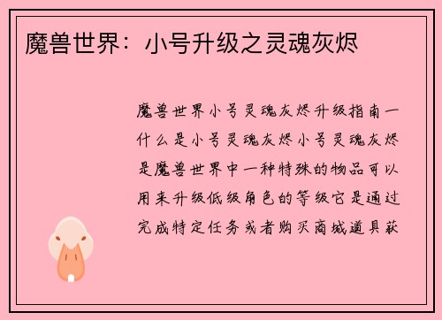 魔兽世界：小号升级之灵魂灰烬