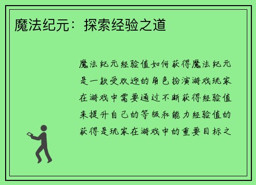 魔法纪元：探索经验之道
